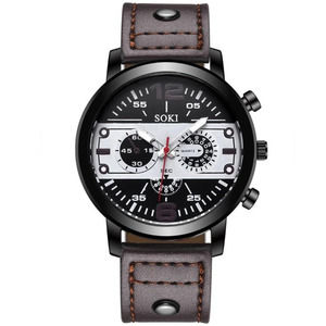 Curated Men's Collection Vegan Leather Triple Dial Round Pointer Quartz Watch
